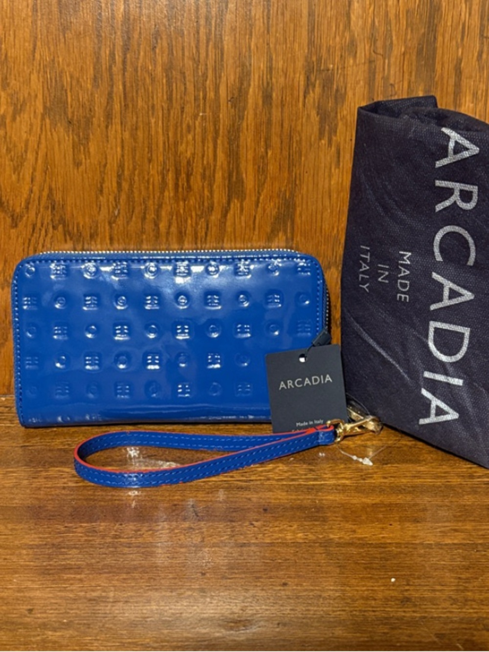 NWT-Arcadia-Zip Around Continental Wallet-Embossed Logo-Patent Leather-Sapphire - Picture 12 of 16